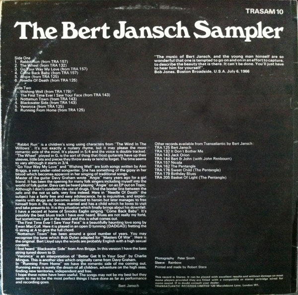 Image of Back Cover of LP - VG+/VG+ - BERT JANSCH, The Bert Jansch Sampler (Transatlantic White/Purple; TRASAM10, UK 1969, Laminated Sleeve), ,  - 3026071E