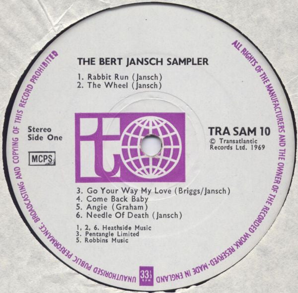 Image of Label Cover of LP - VG+/VG+ - BERT JANSCH, The Bert Jansch Sampler (Transatlantic White/Purple; TRASAM10, UK 1969, Laminated Sleeve), ,  - 3026071E