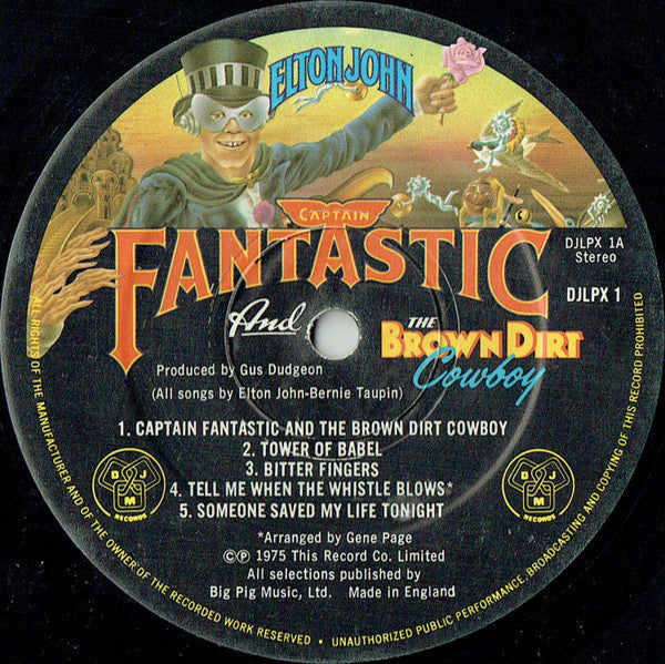 Image of Label Cover of 2724353E: LP - ELTON JOHN, Captain Fantastic and the Brown Dirt Cowboy (DJM Records ; DJLPX 1, UK 1975, Gatefold, 2 Booklets, Poster) Sleeve has some creases, dented corners. Poster and both inserts in fine condition. A few light marks on vinyl.  VG/VG