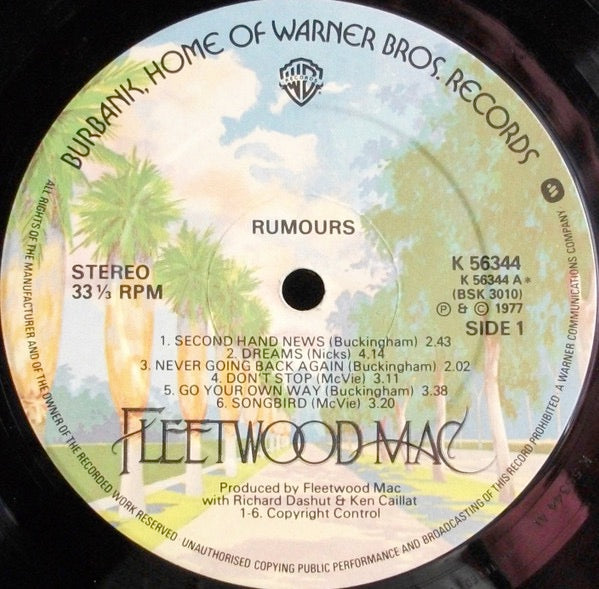 Image of Label Cover of LP - G+/G - FLEETWOOD MAC, Rumours (WB Burbank with w Logo on Rim; K56344, UK 1977, Smooth Sleeve, Insert, WITH Gothic Print On Rear Sleeve), Lots of hairline marks, Nothing feelable, With insert, Spine damage. ,  - 2716365C