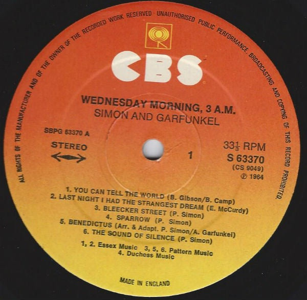Image of Label Cover of LP - VG/VG+ - SIMON & GARFUNKEL, Wednesday Morning, 3 A.M. (CBS; S 63370, UK 1970s Reissue), ,  - 3116111C