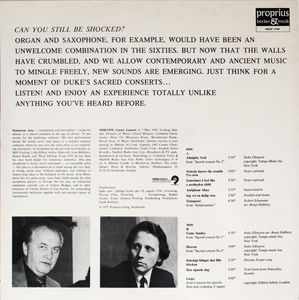 Image of Back Cover of 3624046E: LP - ARNE DOMN RUS WITH GUSTAF SJ KVIST, Antiphone Blues (Proprius; PROP 7744, Sweden 1975, Gold Lettering)   VG+/VG+