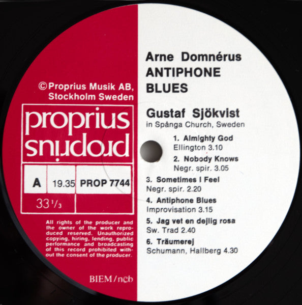 Image of Label Cover of 3624046E: LP - ARNE DOMN RUS WITH GUSTAF SJ KVIST, Antiphone Blues (Proprius; PROP 7744, Sweden 1975, Gold Lettering)   VG+/VG+