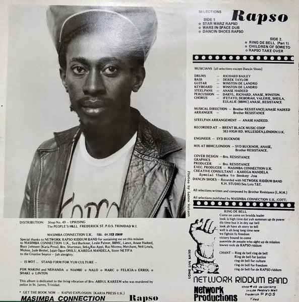 Image of Back Cover of LP - G+/VG+ - BROTHER RESISTANCE, Rapso Take Over (Masimba Connection; MCLP 001 86, Trinidad & Tobago 1986), Clean disc, light marks, light mottling, plays fine. WOL. Small tear on top right area of sleeve, autographed on back.,  - 4026239E