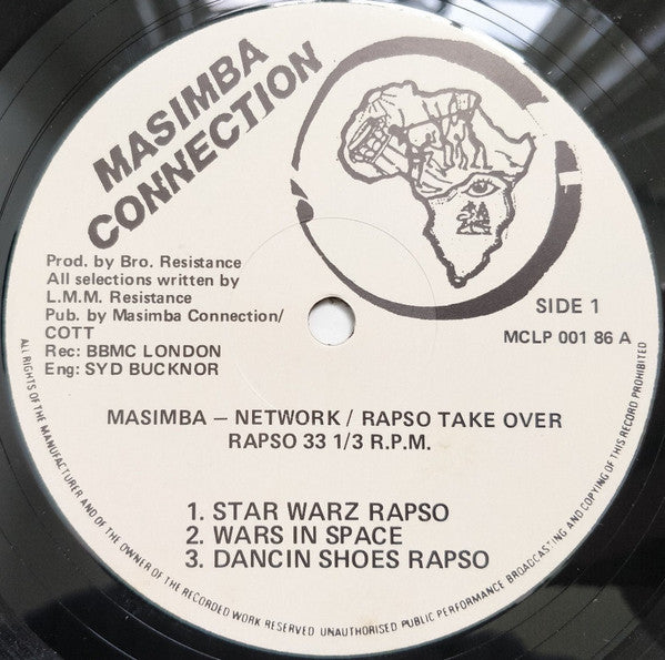 Image of Label Cover of LP - G+/VG+ - BROTHER RESISTANCE, Rapso Take Over (Masimba Connection; MCLP 001 86, Trinidad & Tobago 1986), Clean disc, light marks, light mottling, plays fine. WOL. Small tear on top right area of sleeve, autographed on back.,  - 4026239E
