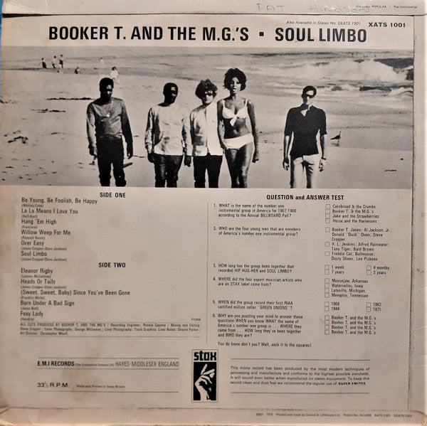 Image of Back Cover of LP - VG/VG - BOOKER T AND THE MGS, Soul Limbo (Stax; XATS 1001, UK 1969, Laminated Flipback Sleeve, Original UK Mono issue ), ,  - 3626459E