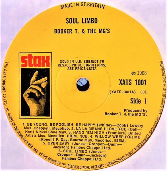 Image of Label Cover of LP - VG/VG - BOOKER T AND THE MGS, Soul Limbo (Stax; XATS 1001, UK 1969, Laminated Flipback Sleeve, Original UK Mono issue ), ,  - 3626459E