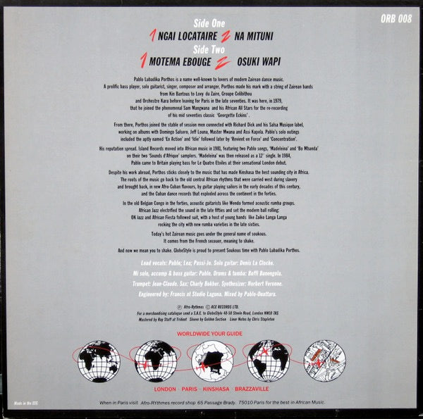 Image of Back Cover of 4614216C: LP - PABLO LUBADIKA PORTHOS, Pablo! Pablo! (Globe Style; ORB 008, Europe 1985, Glossy Sleeve) Sleeve has light edge / corner wear and some scuffs  VG/VG