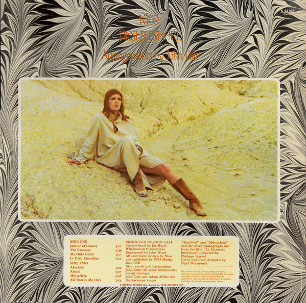 Image of Back Cover of LP - VG/VG+ - NICO, Desertshore (Reprise Tan WB Logo; K 44102, UK 1970s Reissue, Non-Textured Sleeve, Strawberry Run Out, 'Manufactured in the UK' on right label), Edge Wear,  - 3046089S