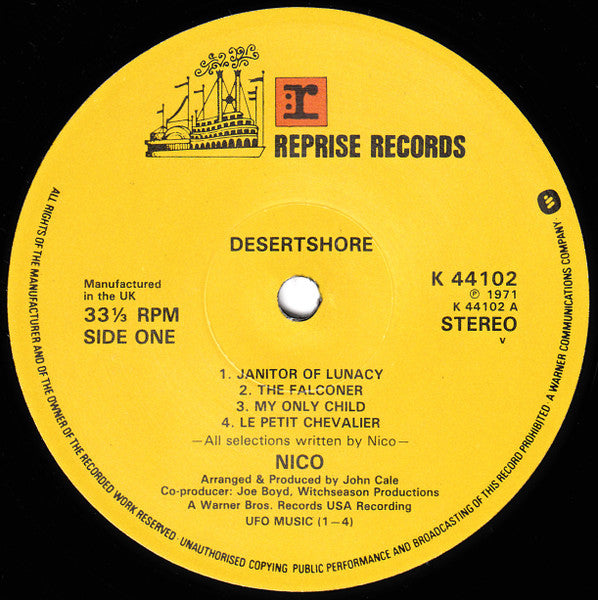 Image of Label Cover of LP - VG/VG+ - NICO, Desertshore (Reprise Tan WB Logo; K 44102, UK 1970s Reissue, Non-Textured Sleeve, Strawberry Run Out, 'Manufactured in the UK' on right label), Edge Wear,  - 3046089S