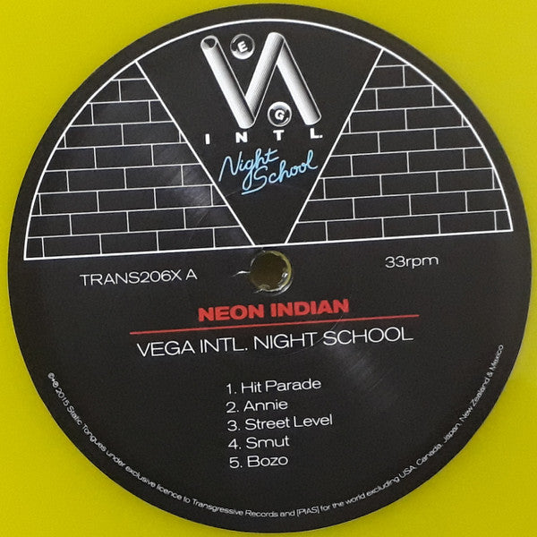Image of Label Cover of 2xLP - G+/VG+ - NEON INDIAN, Vega Intl. Night School (Transgressive Records; TRANS206X, UK & Europe 2015, Gatefold, Insert, 45 RPM, Album, Yellow Translucent Vinyl), Sleeve has water damage and large crease.,  - 4126448E