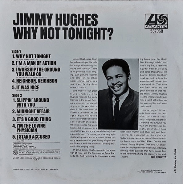 Image of Back Cover of 2014353C: LP - JIMMY HUGHES, Why Not Tonight? (Atlantic Plum & Orange; 587068, UK 1967) Some ringwear on back of sleeve and one track timing written in green pen.   VG/VG+