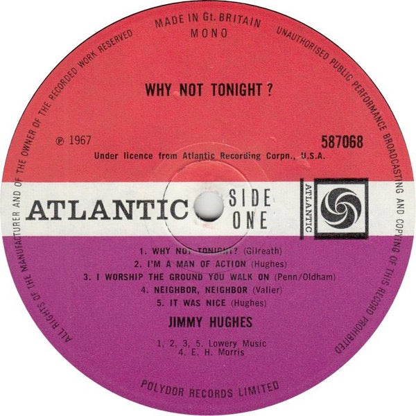Image of Label Cover of LP - VG/VG - JIMMY HUGHES, Why Not Tonight? (Atlantic Plum & Orange; 587068, UK 1967, Laminated Sleeve, Mono), Edge wear, date stamp on rear.,  - 1816147C