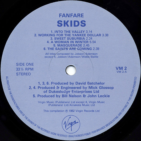 Image of Label Cover of LP - VG+/VG - SKIDS, Fanfare (Virgin; VM 2, UK 1982), ,  - 2616109C