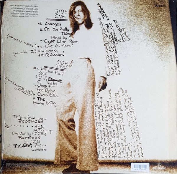 Image of Back Cover of LP - VG/VG+ - DAVID BOWIE, Hunky Dory (Parlophone; DB 69733, UK, Europe & US 2017, Laminated Front Sleeve, Insert, Limited Edition, Gold Vinyl), Large corner crease,  - 3126274E