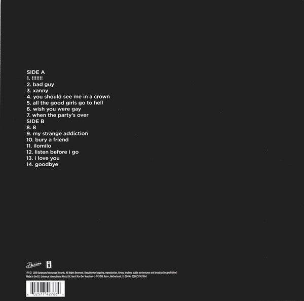 Image of Back Cover of LP - VG/VG+ - BILLIE EILISH, When We All Fall Asleep, Where Do We Go? (Interscope; 00602577427664, Europe 2019, Gatefold, Inner, 180 Gram Apricot Vinyl), Edge wear on Inner and opening edge, still in opened shrinkwrap,  - 2546155S