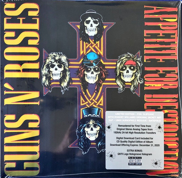 Image of Front Cover of 2xLP - EX/EX - GUNS N' ROSES, Appetite For Destruction (Geffen Records; B0028153-01, UK, Europe & US 2018 Reissue, Gatefold In Printed Plastic Slipcase, 2 Inserts, 180 Gram Vinyl Remaster, Side D Has Hologram Etching), ,  - 4326099E