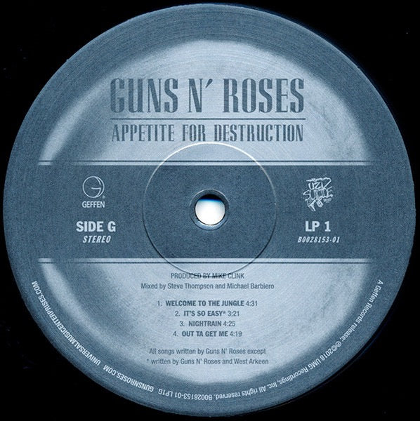 Image of Label Cover of 2xLP - EX/EX - GUNS N' ROSES, Appetite For Destruction (Geffen Records; B0028153-01, UK, Europe & US 2018 Reissue, Gatefold In Printed Plastic Slipcase, 2 Inserts, 180 Gram Vinyl Remaster, Side D Has Hologram Etching), ,  - 4326099E