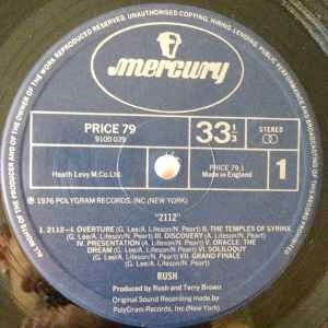 Image of Label Cover of LP - G+/G+ - RUSH, 2112 (Mercury; PRICE 79, UK 1985 Reissue, Single Sleeve), Edge and ring wear, old stickers on sleeve. Disc would be VG+ but has one deep mark on B4.,  - 2446030S