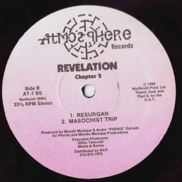 Image of Back Cover of 12" - /VG - REVELATION, Chapter 2 (Atmosphere Records; AT-7, US 1990, Plain Sleeve), , A1	OdysseyA2	Arrival (Dub Version)B1	ResurganB2	Masochist Trip - 2546076S