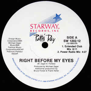 Image of Front Cover of 12" - VG/VG+ - PATTI DAY, Right Before My Eyes (Starway Records, Inc.; SW 1202-12, US 1988, Company Sleeve), original sleeve - opened shrink w/ staining top right corner,  - 3646199S