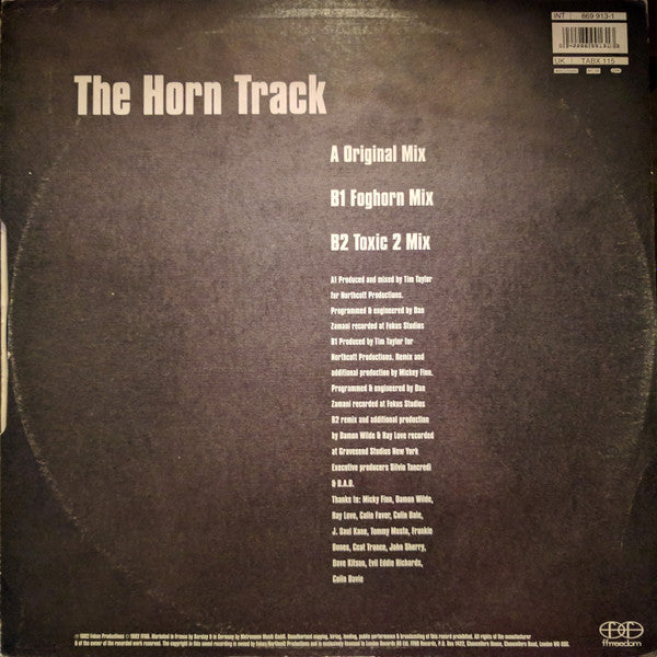 Image of Back Cover of 12" - G+/G+ - EGYPTIAN EMPIRE, The Horn Track (Ffrreedom; 869 913-1, UK 1992, Titled Company Sleeve), Light marks, minor warp & some foxing, plays well. Edgewear to sleeve & a small tear on the open side.,  - 2526248E