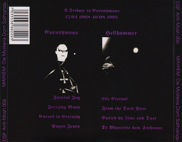 Image of Back Cover of CD - VG+/VG+ - MAYHEM, De Mysteriis Dom Sathanas (Deathlike Silence Productions ; Anti-Mosh 006, Europe 1994, Jewel Case), ,  - 3816607C