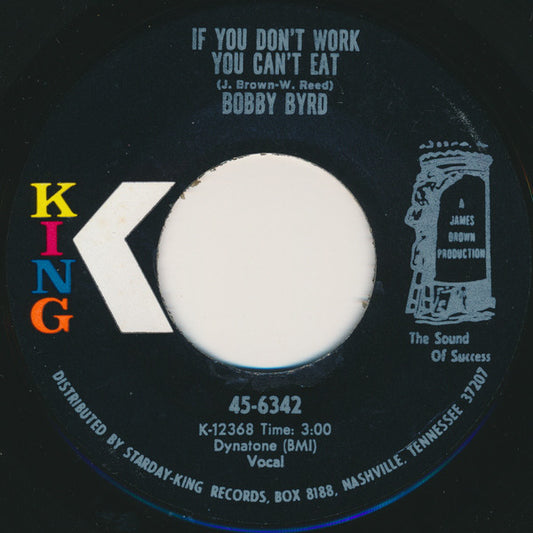 Image of Front Cover of 0614371C: 7" - BOBBY BYRD, If You Don't Work You Can't Eat / You've Got To Change Your Mind (King Records ; 45-6342, US 1971) Labels scuffed with drill hole   /VG