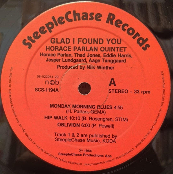 Image of Label Cover of LP - VG/VG+ - HORACE PARLAN QUINTET, Glad I Found You (SteepleChase; SCS-1194, Denmark 1984, Picture Sleeve), ,  - 1826025E