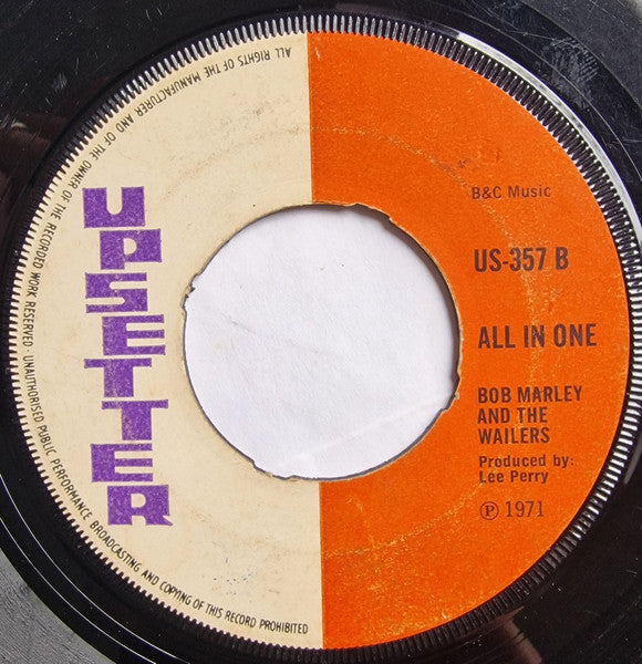 Image of Back Cover of 7" - /G - BOB MARLEY & THE WAILERS, Small Axe / 	All In One (Upsetter ; US-357, UK 1971, Plain Sleeve, 4-Prong Centre), Marks on vinyl. Large centre hole.,  - 0756114S