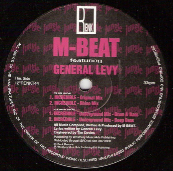Image of Front Cover of 12" - /G - M-BEAT FEATURING GENERAL LEVY, Incredible (New Re-Mixes) (Renk Records; 12"RENKT44, UK 1994, Plain Sleeve), Lots of Light Marks but plays well., A1 Incredible (Original Mix)A2 Incredible (Rhino Mix)B1 Incredible (Underground Mix - Drum & Bass)B2 Incredible (Underground Mix - Deep Bass) - 3926041E