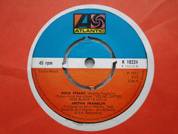 Image of Front Cover of 7" - VG/VG+ - ARETHA FRANKLIN, Rock Steady / All The Kings Horses (Atlantic; K 10224, UK 1972, Company Sleeve, 4 prong centre), ,  - 2826126E