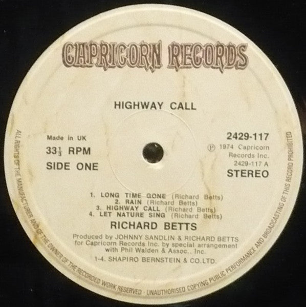 Image of Label Cover of LP - VG/VG - RICHARD BETTS, Highway Call (Capricorn Records; 2429 117, UK 1974), Edge Wear,  - 1316395C