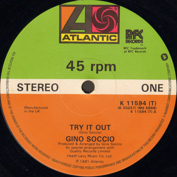 Image of Front Cover of 12" - VG/VG - GINO SOCCIO, Try It Out / Closer (Atlantic; K 11594 (T), RFC Records    K 11594 (T), UK 1981, Die Cut Company Sleeve), Light hairlines.,  - 3626197E
