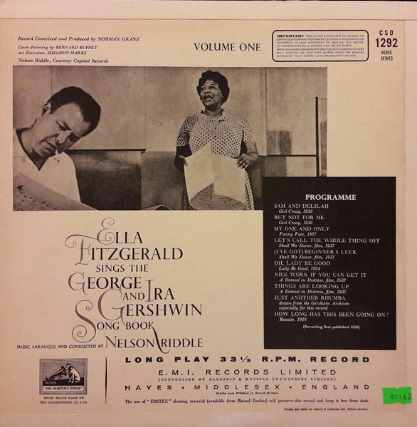 Image of Back Cover of 0115417C: LP - ELLA FITZGERALD, Sings The George And Ira Gershwin Song Book - Volume One (His Master's Voice; CSD 1292, UK 1959, Laminated Front Flipback Sleeve, Stereo) Sleeve discoloured with writing and stamp on reverse. Also ripped sticker on front  VG/VG