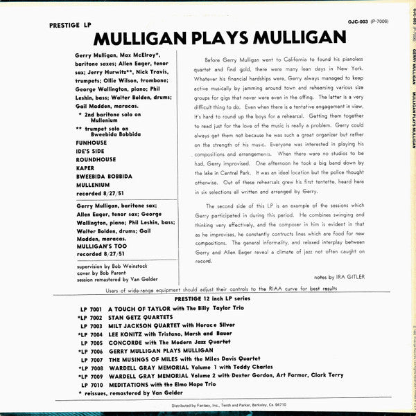 Image of Back Cover of LP - VG/VG - GERRY MULLIGAN, Mulligan Plays Mulligan (Original Jazz Classics; OJC-003, US 1982 Reissue, Pasteback Sleeve), ,  - 2246283S