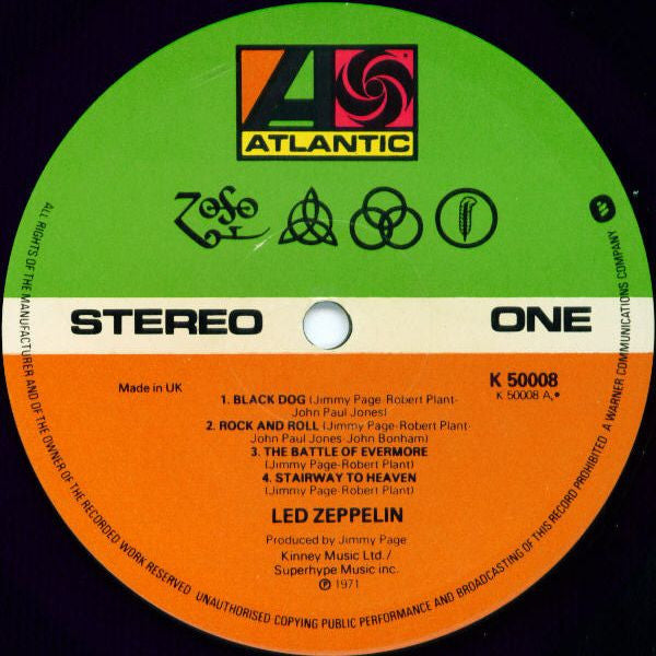 Image of Label Cover of LP - VG+/VG - LED ZEPPELIN, Led Zeppelin IV - Untitled (Atlantic Orange & Green - With W Logo On Label Rim; K50008, UK 1970s Reissue, Gatefold, No Inner, Symbols on Label), ,  - 3526098E