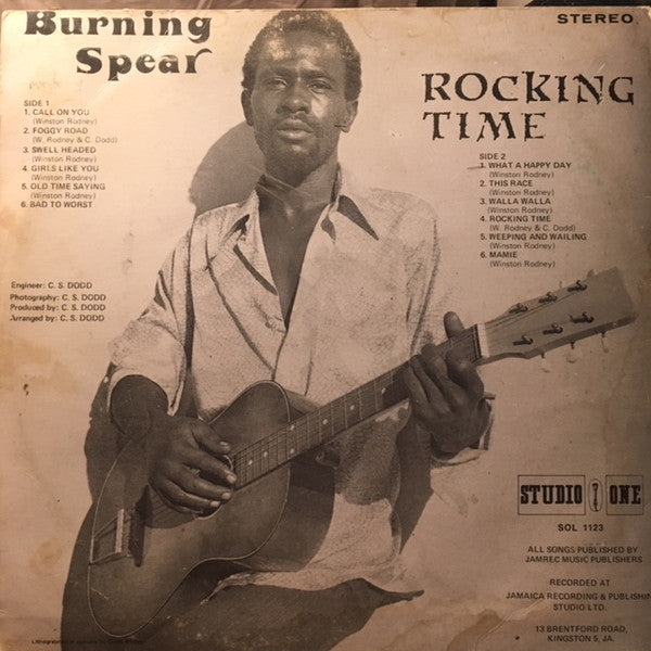 Image of Back Cover of LP - G+/VG - BURNING SPEAR, Rocking Time (Studio One ; SOL 1123, US 1980 Reissue), Light marks, S1 imperfections. Wear and partial splits on sleeve, still looks great.,  - 4446128S