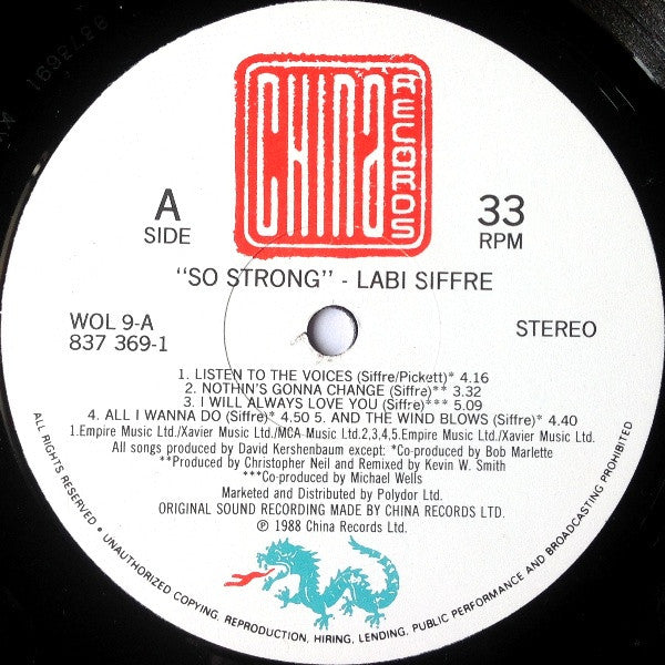 Image of Label Cover of LP - VG+/VG+ - LABI SIFFRE, So Strong (China Records; WOL 9, Polydor    837 369-1, UK 1988, Inner), ,  - 2526250E