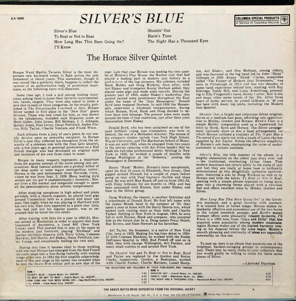 Image of Back Cover of LP - G/VG+ - THE HORACE SILVER QUINTET, Silver's Blue (Columbia Special Products; JLA 16005, US Reissue), Bottom seam fully split. Previous owner has written notes on sleeve rear. ,  - 1826024E