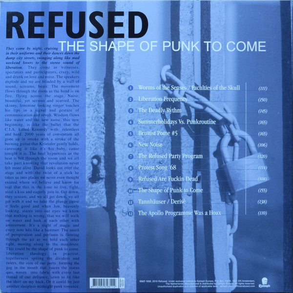 Image of Back Cover of 2xLP - NEW/NEW - REFUSED, The Shape Of Punk To Come (A Chimerical Bombination In 12 Bursts) (Epitaph; 86981-1, Europe 2020 Reissue, Gatefold, Insert), , Refused's most critically acclaimed and final album exploded on the scene with the jaw- dropping hardcore anthem "New Noise," which Rage Against the Machine guitarist Tom Morello once described as "one of the great rock jams of all time" (Filter, 2006), and helped change the game forever influencing a range of genres still to this day
