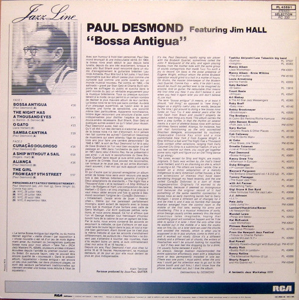 Image of Back Cover of LP - VG/VG+ - PAUL DESMOND, Bossa Antigua (Jazz Line; PL 45691, France 1983 Reissue, Glossy Sleeve), Sleeve has wear and creasing at edges, spine, corners. Some small stains too,  - 3316502C