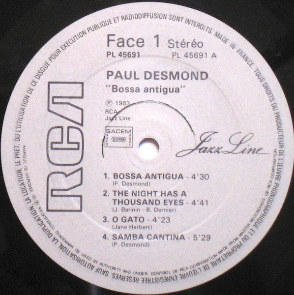 Image of Label Cover of LP - VG/VG+ - PAUL DESMOND, Bossa Antigua (Jazz Line; PL 45691, France 1983 Reissue, Glossy Sleeve), Sleeve has wear and creasing at edges, spine, corners. Some small stains too,  - 3316502C