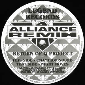 Image of Front Cover of 12" - VG/G+ - RETURN OF Q PROJECT, Champion Sound & Night Moves (Alliance Remixes) (Legend Records; LEG 006, UK 1993, Stickered Plain Sleeve, Insert), Light marks only, but several of them.,  - 2426062E