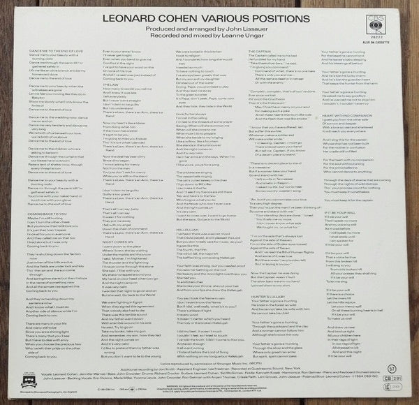 Image of Back Cover of 4624138E: LP - LEONARD COHEN, Various Positions (CBS Orange/Yellow; CBS 26222, UK 1984, Contains Original Version of Hallelujah) Strong VG  VG/VG