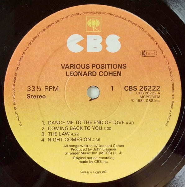 Image of Label Cover of 4624138E: LP - LEONARD COHEN, Various Positions (CBS Orange/Yellow; CBS 26222, UK 1984, Contains Original Version of Hallelujah) Strong VG  VG/VG