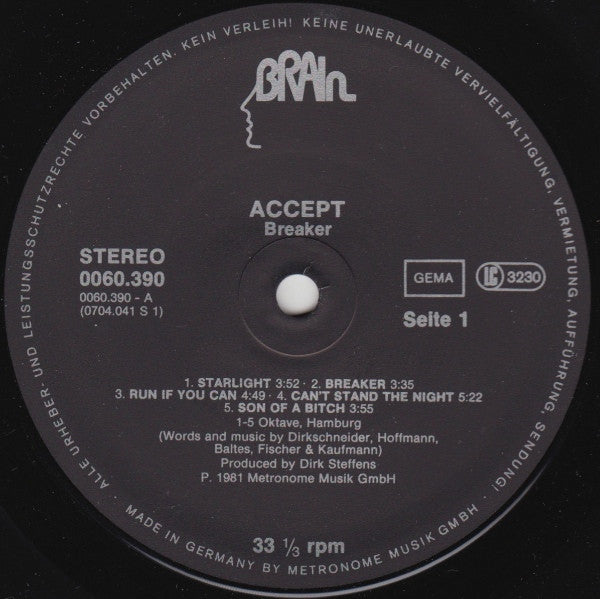 Image of Label Cover of LP - VG/G - ACCEPT, Breaker (Brain Black Labels "Made in Germany" Rim Text; 0060.390, Germany 1981, Inner, Repress), ,  - 2716080C