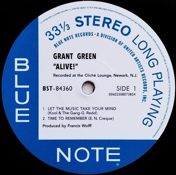 Image of Label Cover of LP - NEW/NEW - GRANT GREEN, Alive! (Blue Note; 00602508073854,   2019 Reissue, 180 Gram Vinyl), ,  - 2236130E