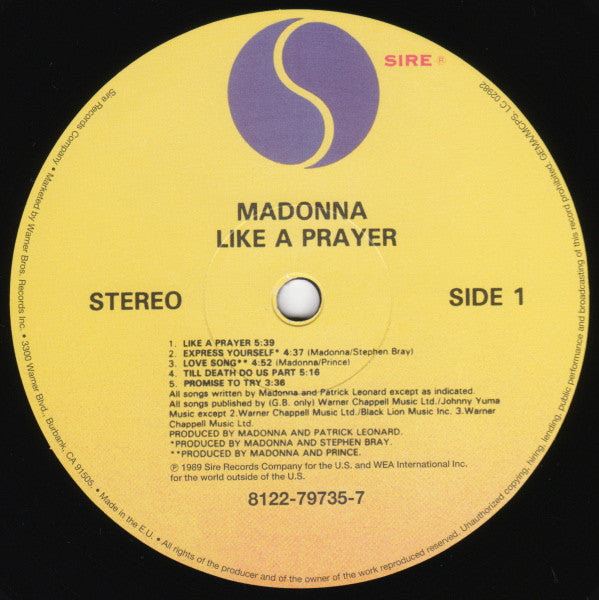 Image of Label of 1053202S: LP - MADONNA, Like A Prayer (Sire; 8122-79735-7, Europe 2012 Reissue, Inner, 180 Gram Vinyl.)   NEW/NEW