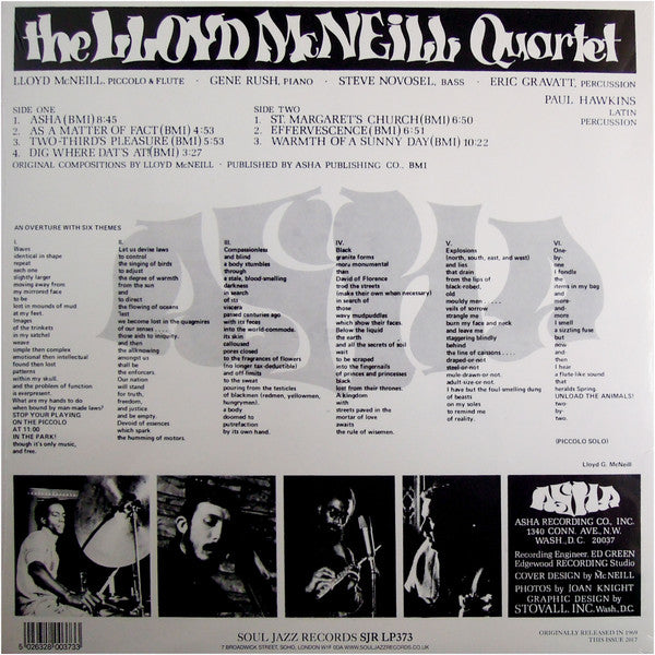 Image of Back Cover of LP - VG/VG+ - THE LLOYD MCNEILL QUARTET, Asha (Soul Jazz Records; SJR LP373, UK 2017 Reissue, Inner), ,  - 4326012E